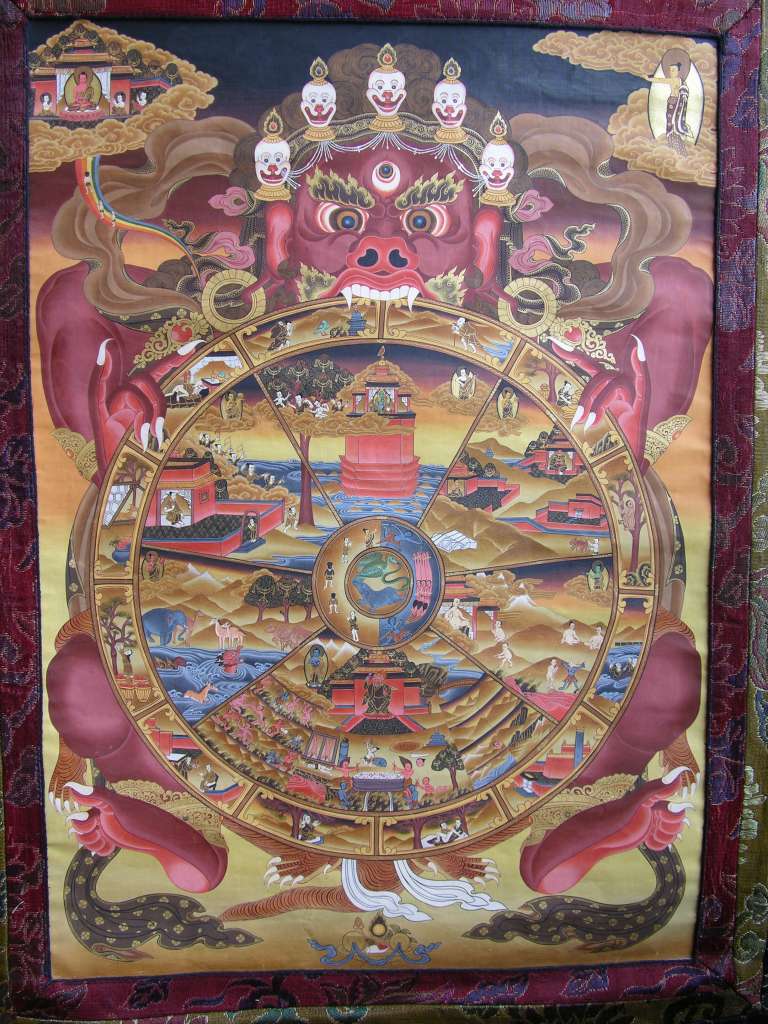 Tibetan Buddhism Wheel Of Life 00 The Tibetan Wheel of Life is perhaps the most common of all pictures in Buddhist art and is seen on the walls of monasteries and painted scrolls all over Tibet, Nepal and other Himalayan countries. The 23 parts of the painting represent in visual terms some of the more fundamental teachings in Buddhism such as the 12 steps of dependent origination, the karmic laws of cause and effect, and the three kleshas of ignorance, greed and hatred. <a class=